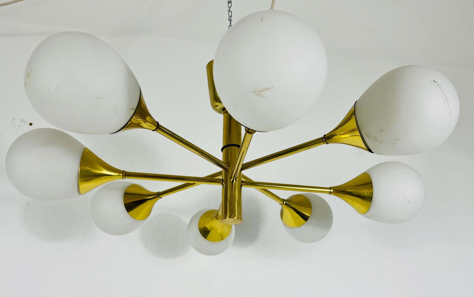 Exceptional Mid Century Modern Brass Kaiser 6 Arm Space Age Chandelier, 1960s photo furniture
