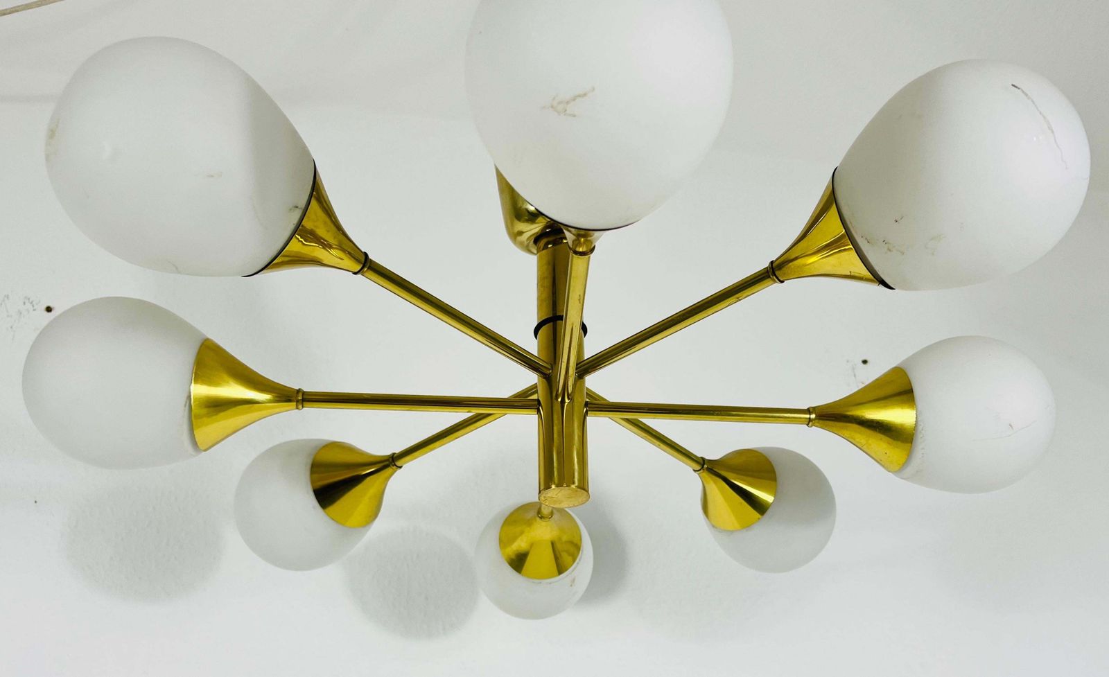 Exceptional Mid Century Modern Brass Kaiser 6 Arm Space Age Chandelier, 1960s photo for sale