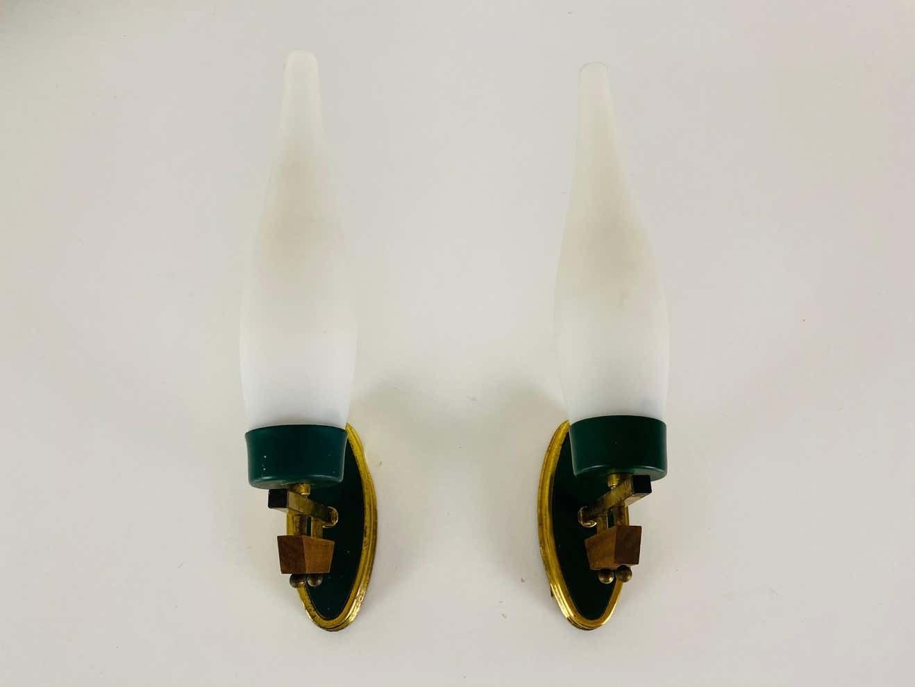 Pair Of Midcentury Brass And Opaline Glass Wall Lamps, Italy, 1960s photo furniture