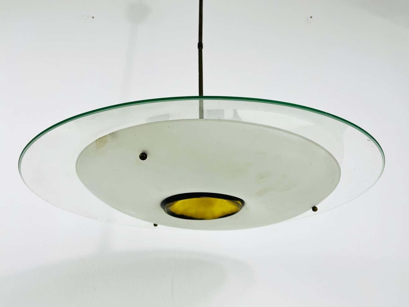 Italian Midcentury Brass And Glass Chandelier, 1950s photo for sale
