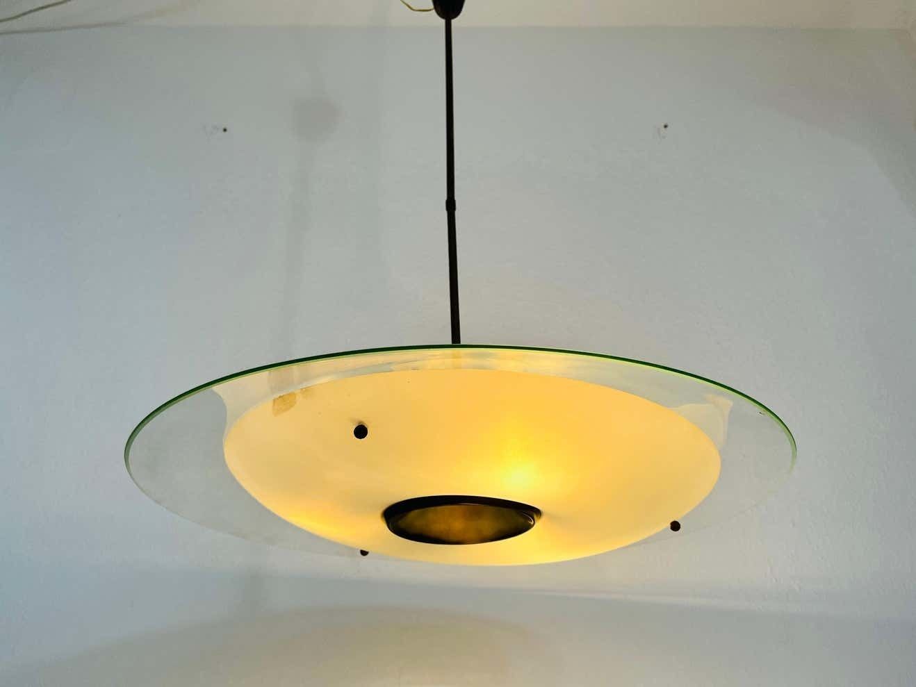 Lighting Italian Midcentury Brass And Glass Chandelier, 1950s photo