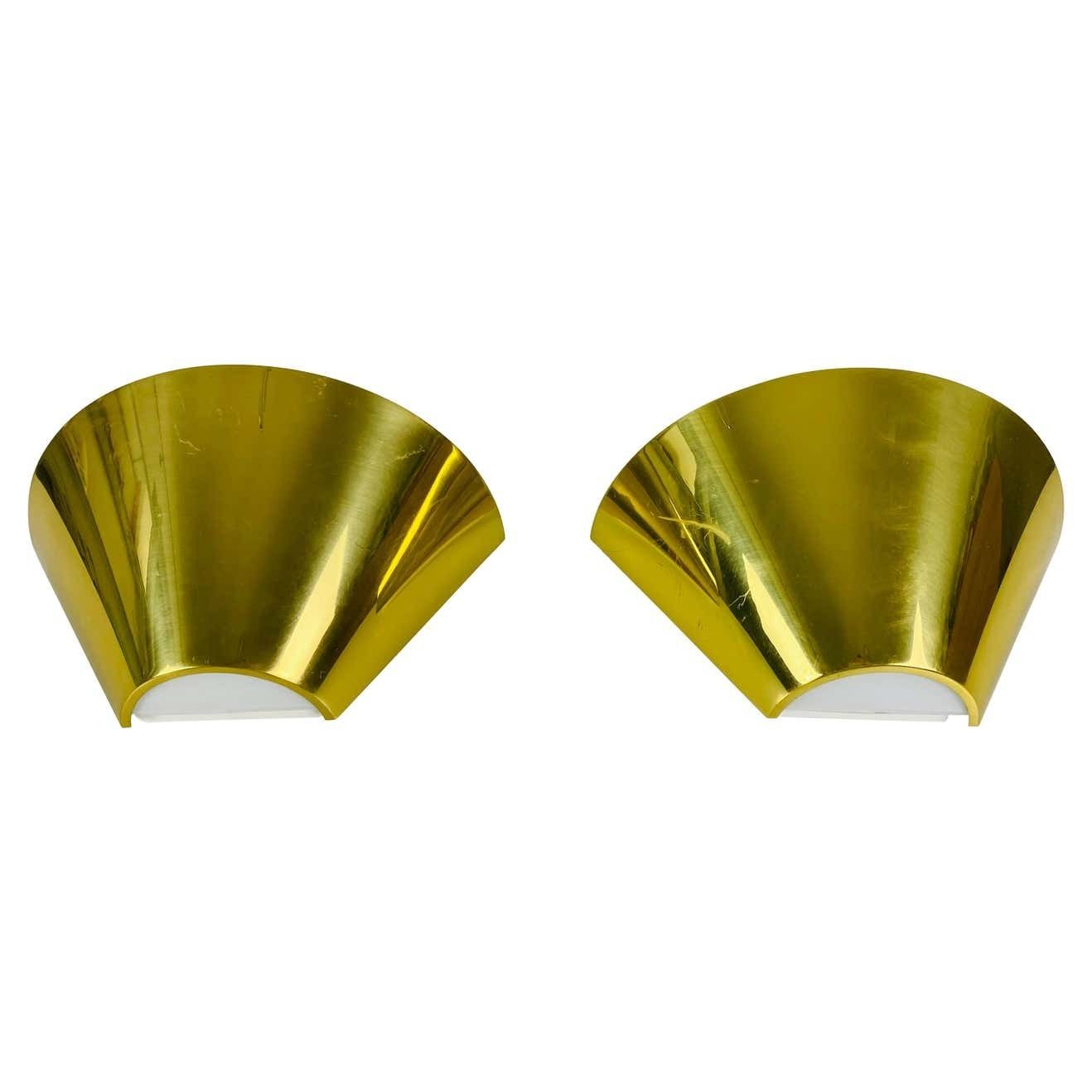 Pair Of Modernist Brass And Opaline Glass Wall Lamps By Limburg, Germany, 1980s