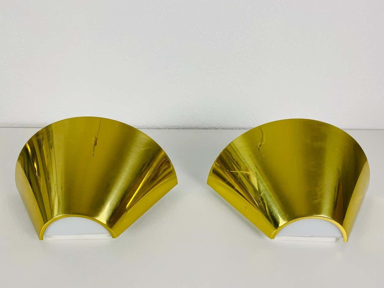 Pair Of Modernist Brass And Opaline Glass Wall Lamps By Limburg, Germany, 1980s photo buy
