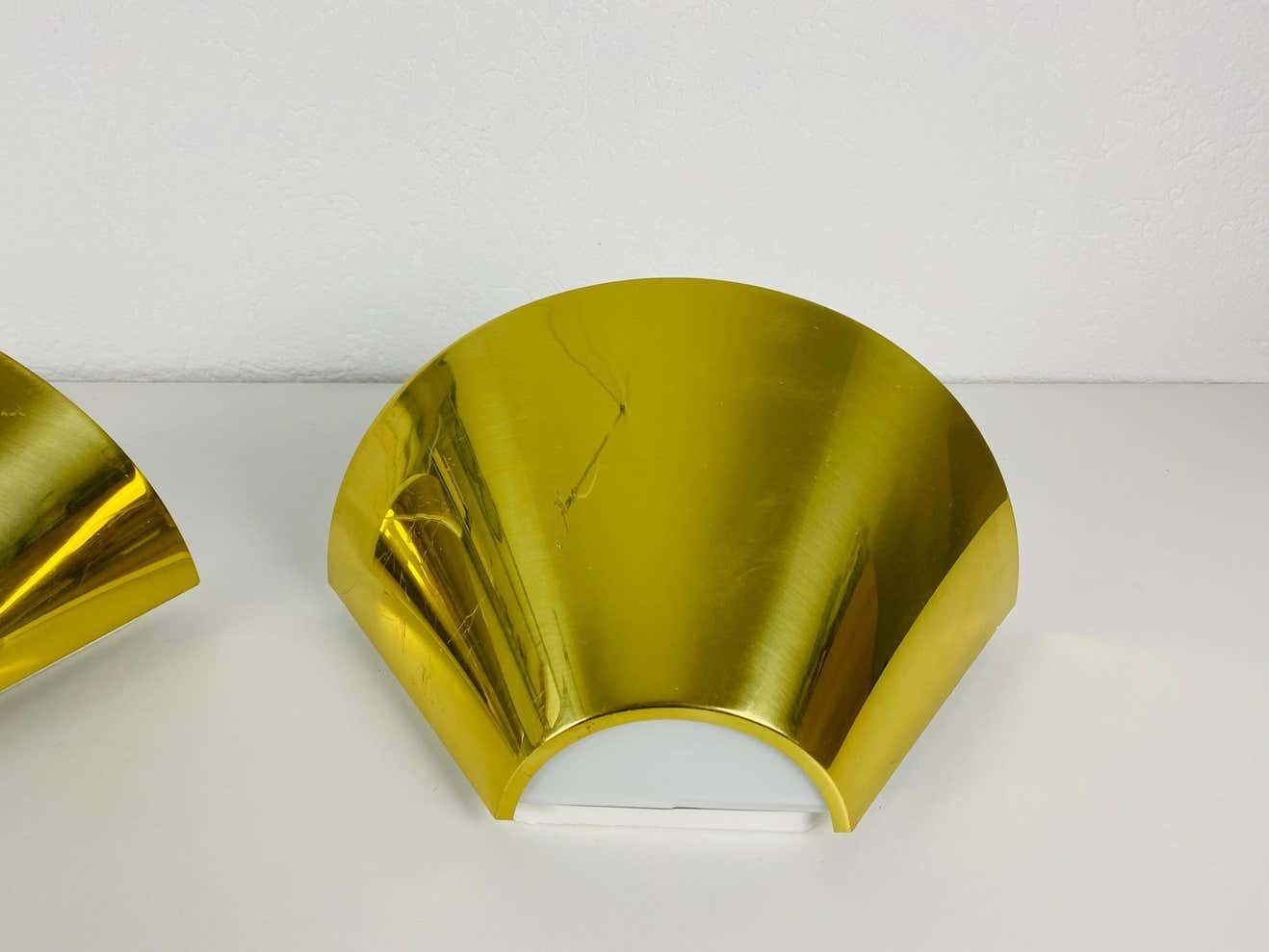 photo for sale Pair Of Modernist Brass And Opaline Glass Wall Lamps By Limburg, Germany, 1980s