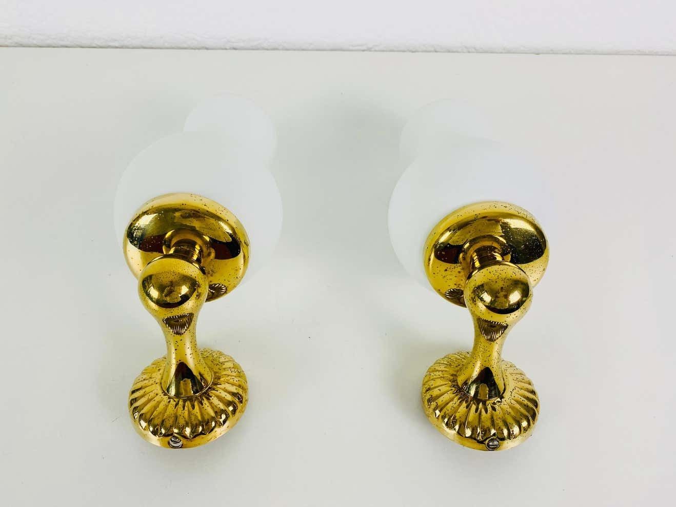 Pair Of Midcentury Brass And Opaline Glass Wall Lamps, Italy, 1960s photo buy