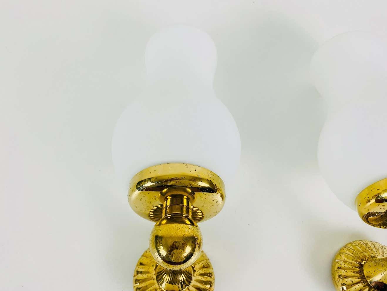 Pair Of Midcentury Brass And Opaline Glass Wall Lamps, Italy, 1960s photo vintage