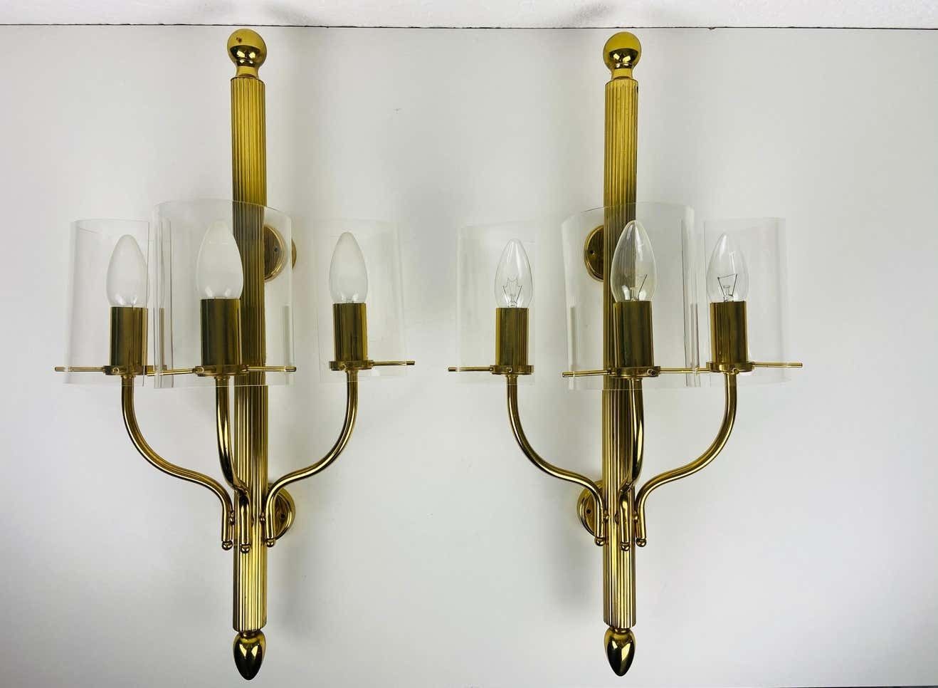 Huge Pair Of Mid Century Modern Brass And Perspex Cinema Wall Lamps, 1950s photo furniture