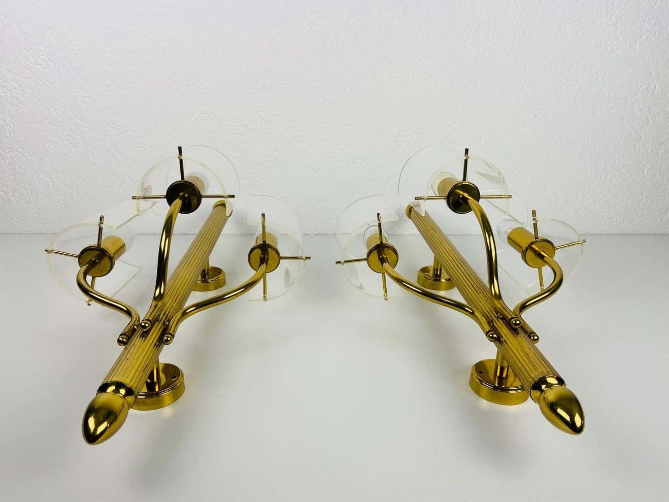 Huge Pair Of Mid Century Modern Brass And Perspex Cinema Wall Lamps, 1950s photo 2193.0