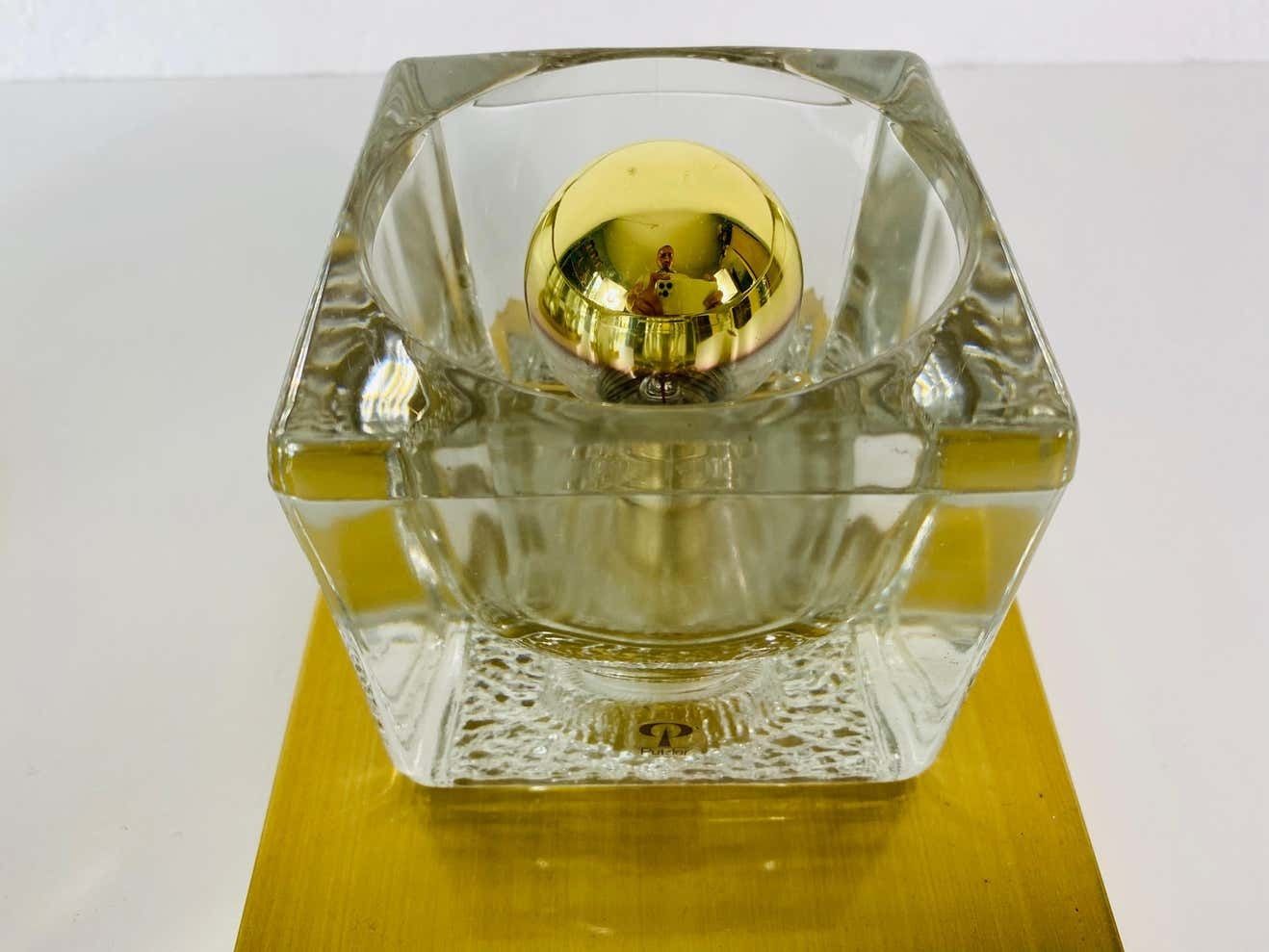 Pair Of Brass And Frosted Ice Glass Cube Flush Mounts By Peill & Putzler, 1970s photo 1128.0