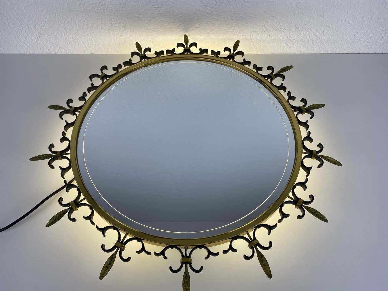 Mid Century Modern Italian Round Illuminated Brass Wall Mirror, Italy, 1960s photo furniture