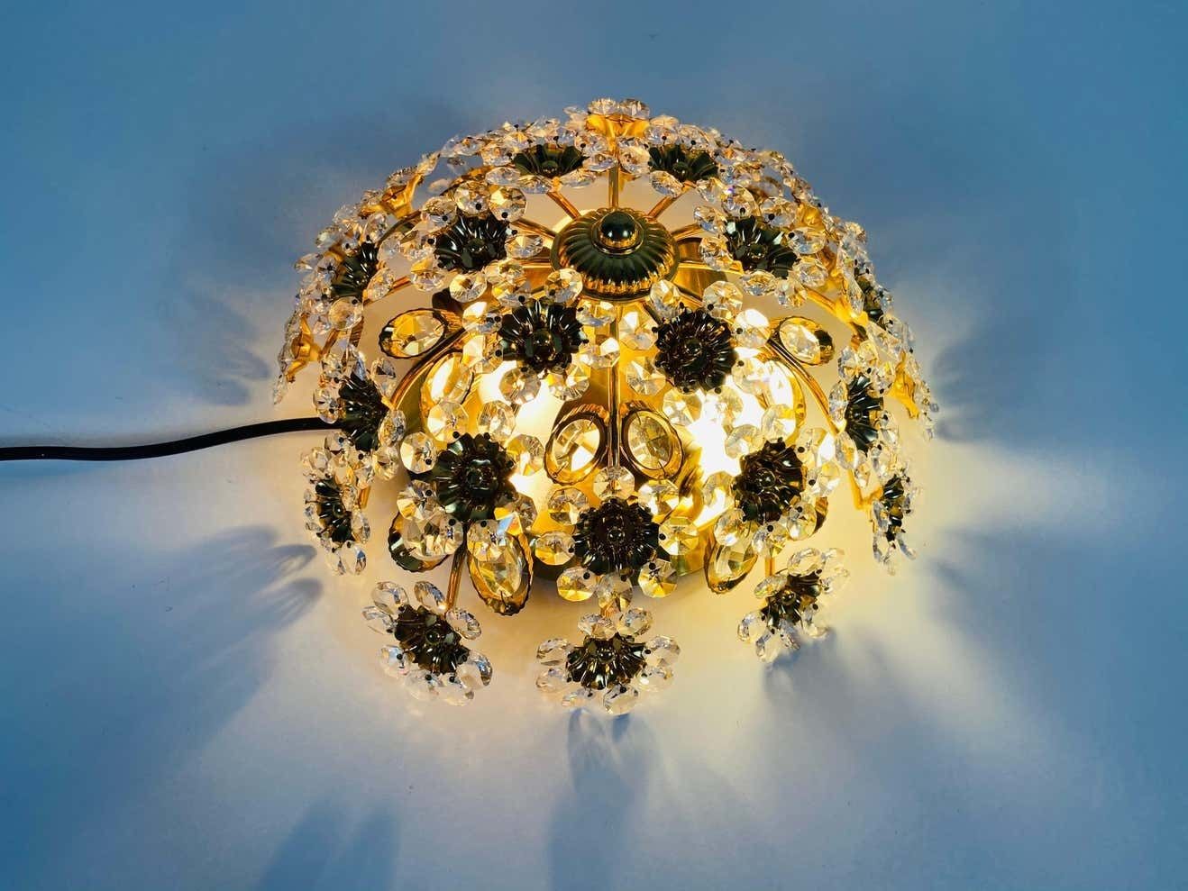Gilt Brass And Crystal Glass Flush Mount By Palwa, Germany, 1970s photo for sale