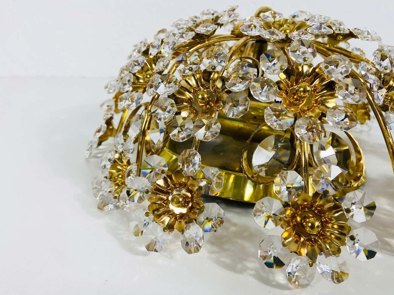 photo vintage Gilt Brass And Crystal Glass Flush Mount By Palwa, Germany, 1970s