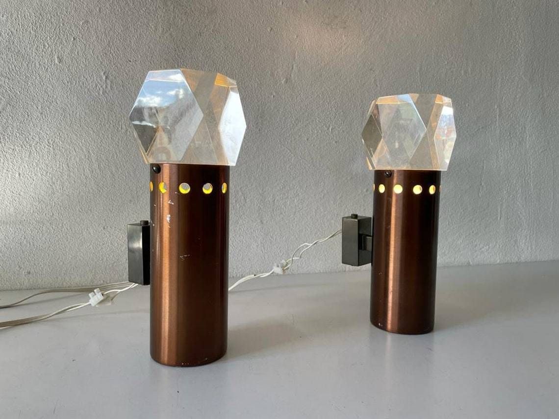 Italian Rare Copper And Glass Sculptural Pair Of Sconces, 1960s, Italy