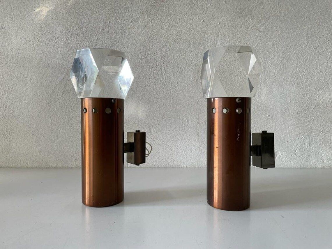 photo for sale Italian Rare Copper And Glass Sculptural Pair Of Sconces, 1960s, Italy