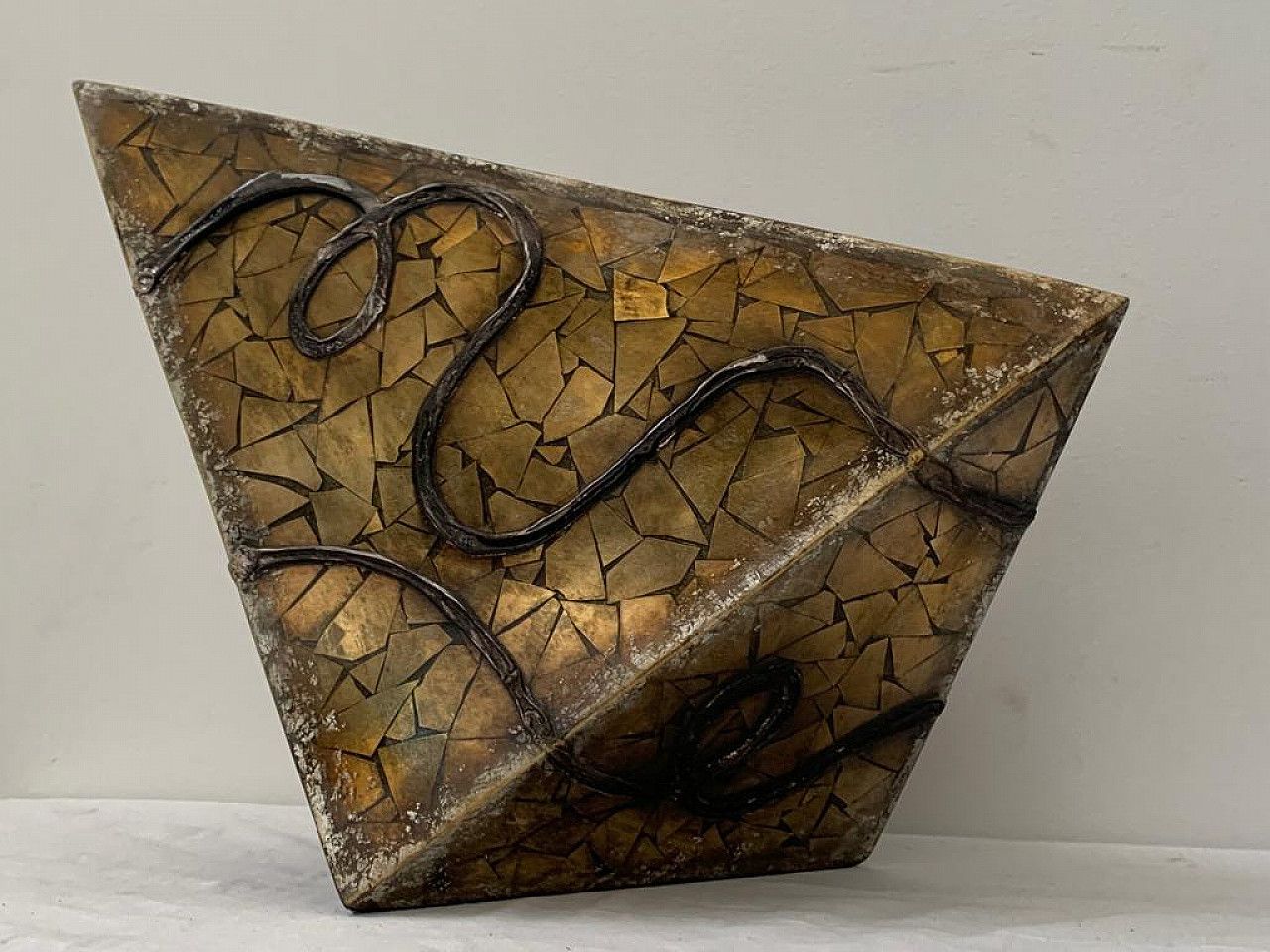 Vase Covered With Geometric Fragments Of Gilded Mirror, 1980s photo vintage