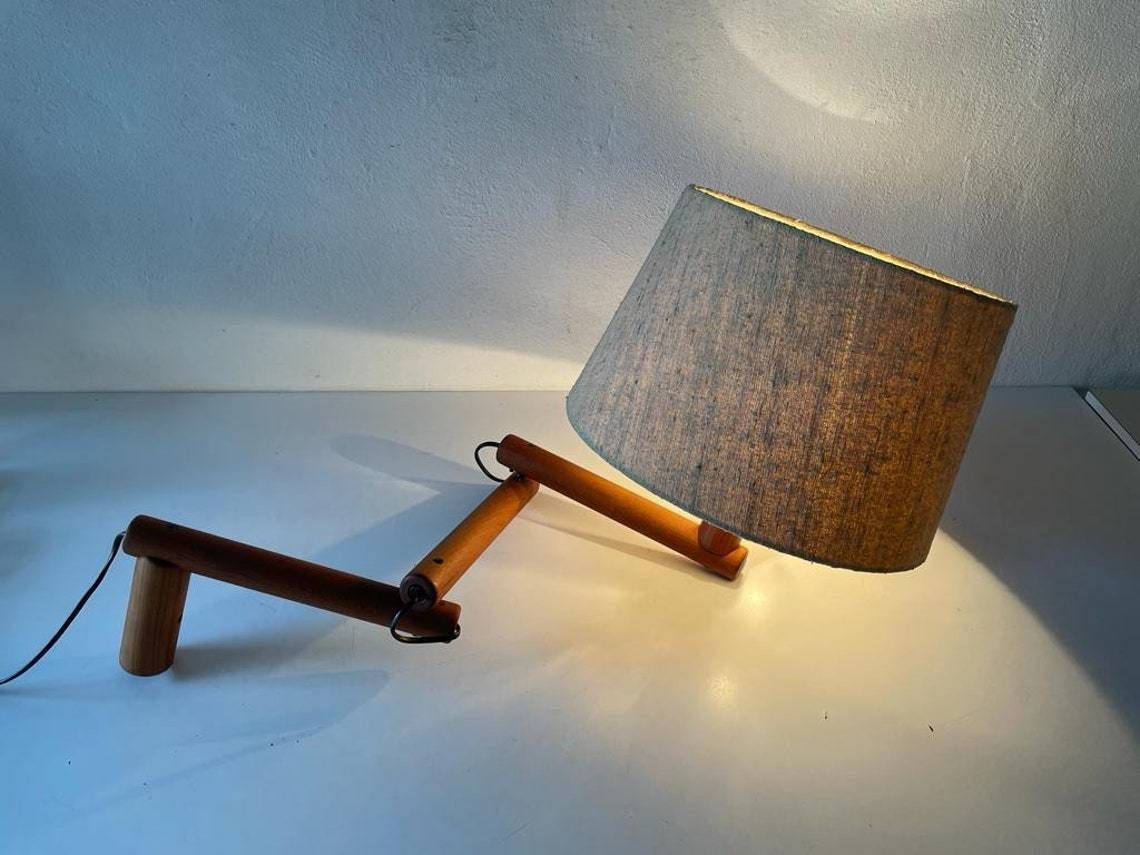 Mid Century Modern Swedish Design Fabric Shade And Wood Adjustable Wall Lamp, 1960s, Sweden photo for sale