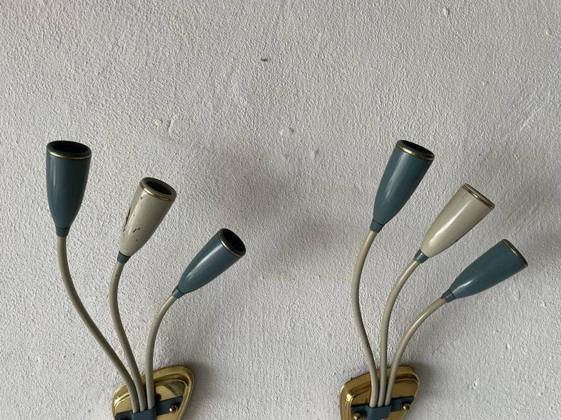 3 Head Blue And White Metal Pair Of Sputnik Sconces, 1950s, Germany photo vinterior