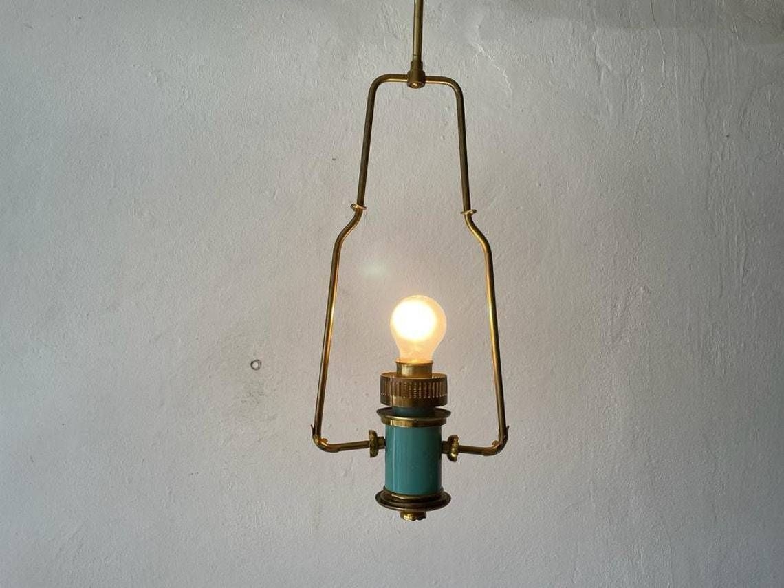 Italian Exceptional Brass & Turquois Green Pendant Lamp, In Style Of Stilnovo, 1950s, Italy