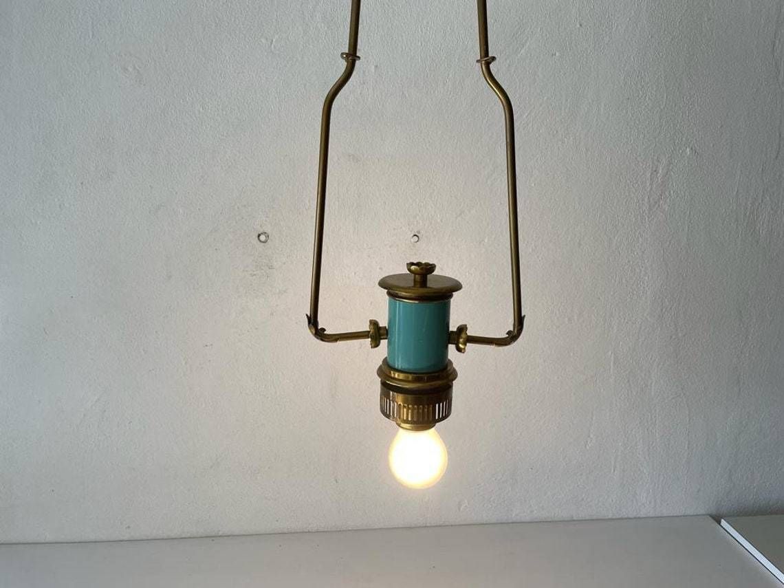 Italian Exceptional Brass & Turquois Green Pendant Lamp, In Style Of Stilnovo, 1950s, Italy photo furniture