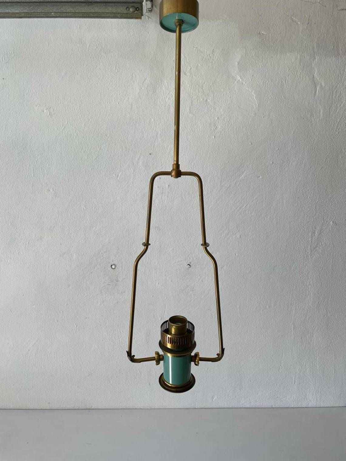 Italian Exceptional Brass & Turquois Green Pendant Lamp, In Style Of Stilnovo, 1950s, Italy photo Lighting