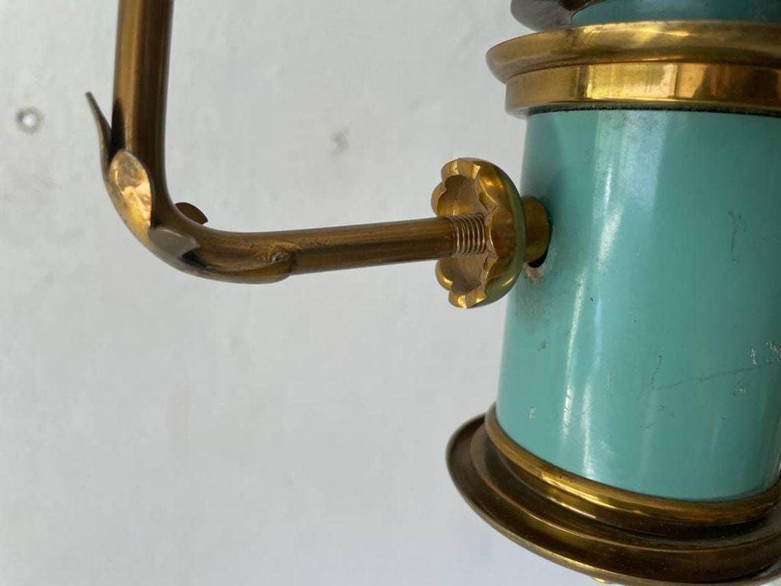 photo for sale Italian Exceptional Brass & Turquois Green Pendant Lamp, In Style Of Stilnovo, 1950s, Italy