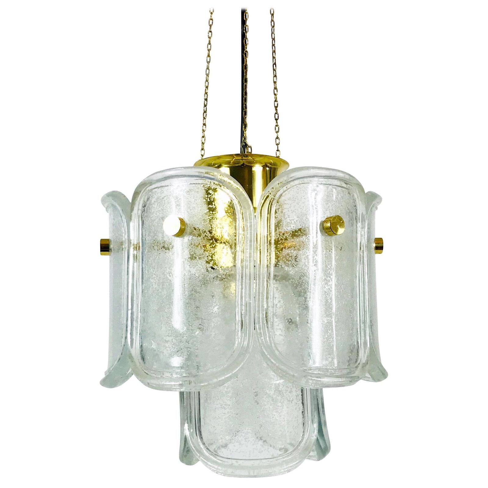 Extra Large Limburg Midcentury Two Tier Brass And Ice Glass Chandelier