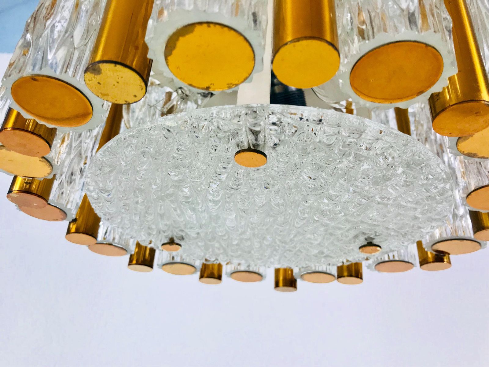 Rare Kaiser Leuchten Midcentury Crystal Ice Glass Circular Chandelier 1960s photo vinterior