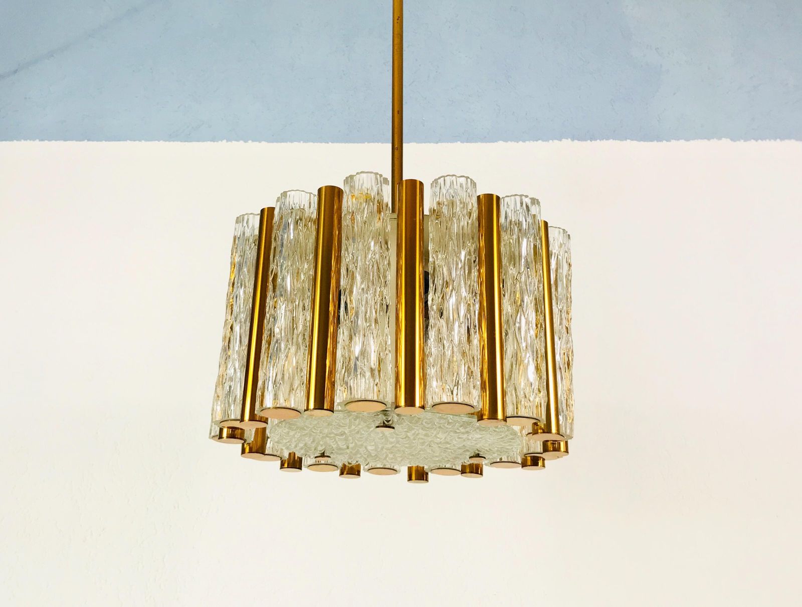 Rare Kaiser Leuchten Midcentury Crystal Ice Glass Circular Chandelier 1960s photo vintage