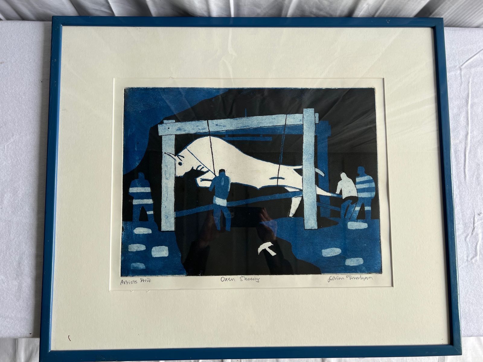 A Framed Artist Proof Lithograph/Etching. 'Oxen Shoeing'. Signed Julian Trevelyan.