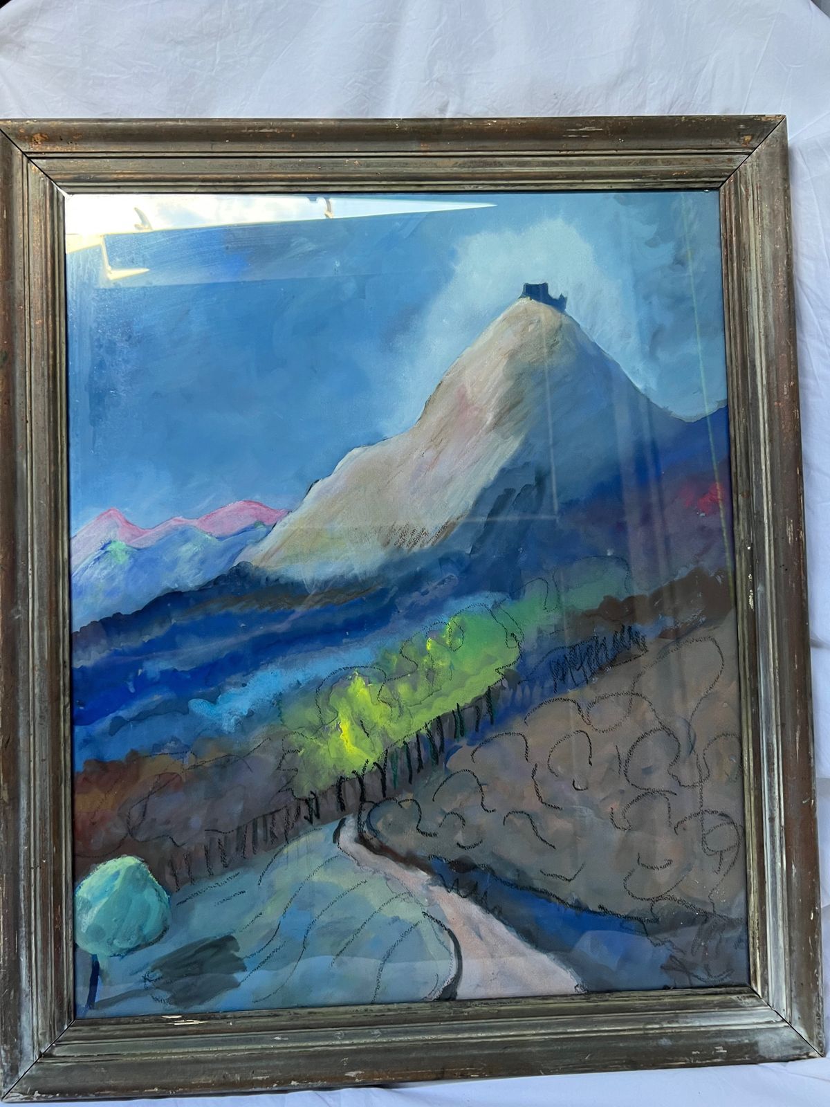 An Interesting Framed Oil Of A Castle/Monastery Behind Glass Un Signed photo for sale