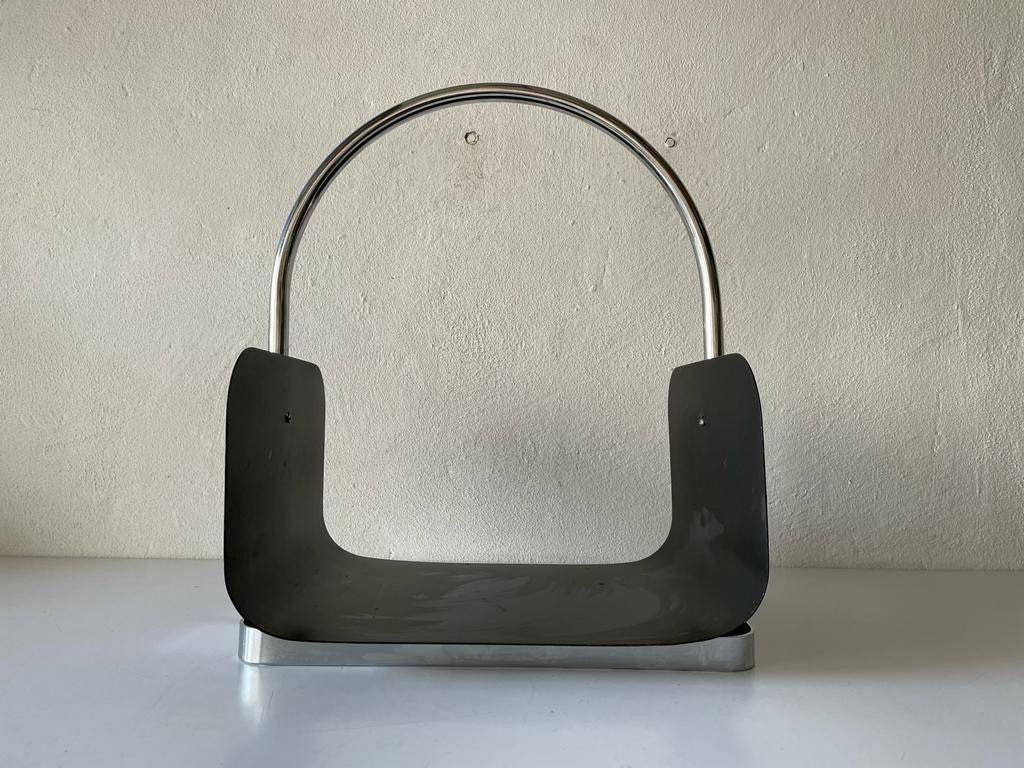Modernist Arc Shaped Chrome And Black Metal Magazine Stand, 1970s, Germany photo vinterior