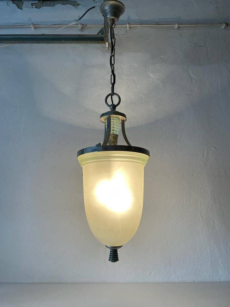 Exceptional Green Glass And Marble Art Deco Chrome Body Ceiling Lamp, 1940s, Italy photo Lighting
