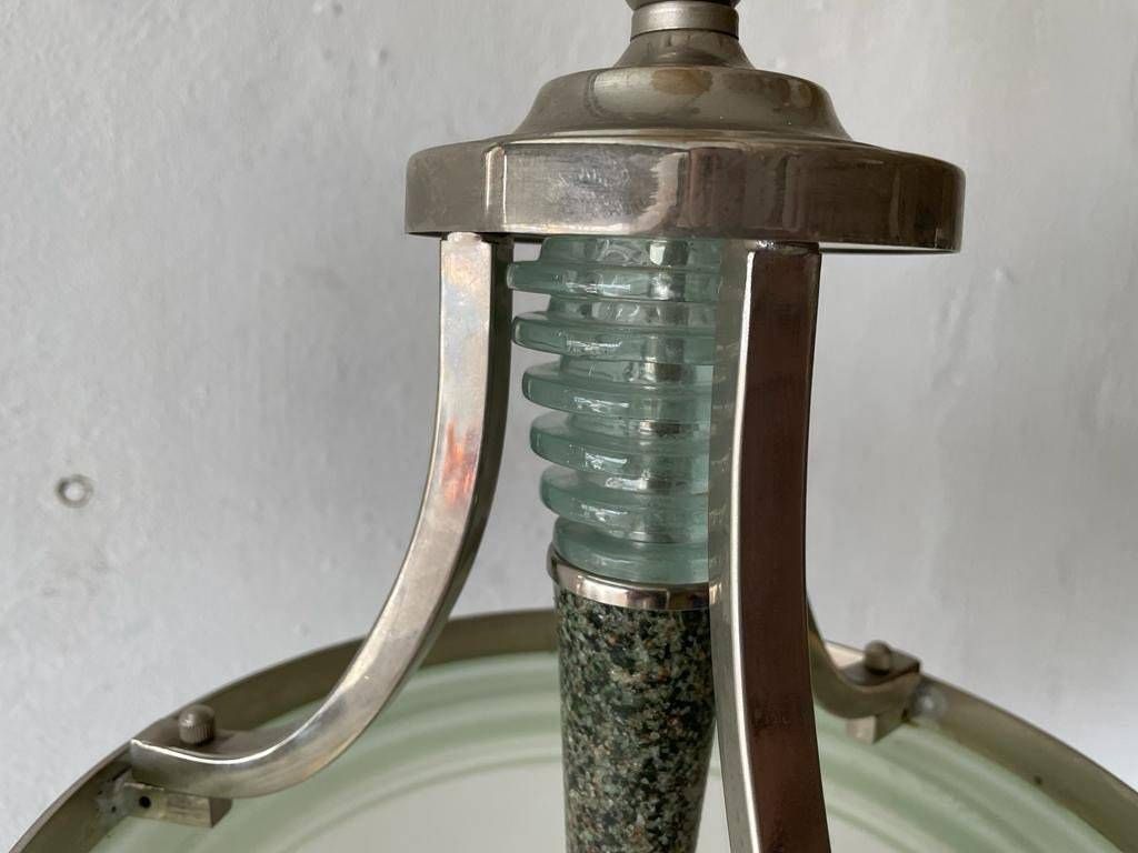 Exceptional Green Glass And Marble Art Deco Chrome Body Ceiling Lamp, 1940s, Italy photo 5149.72