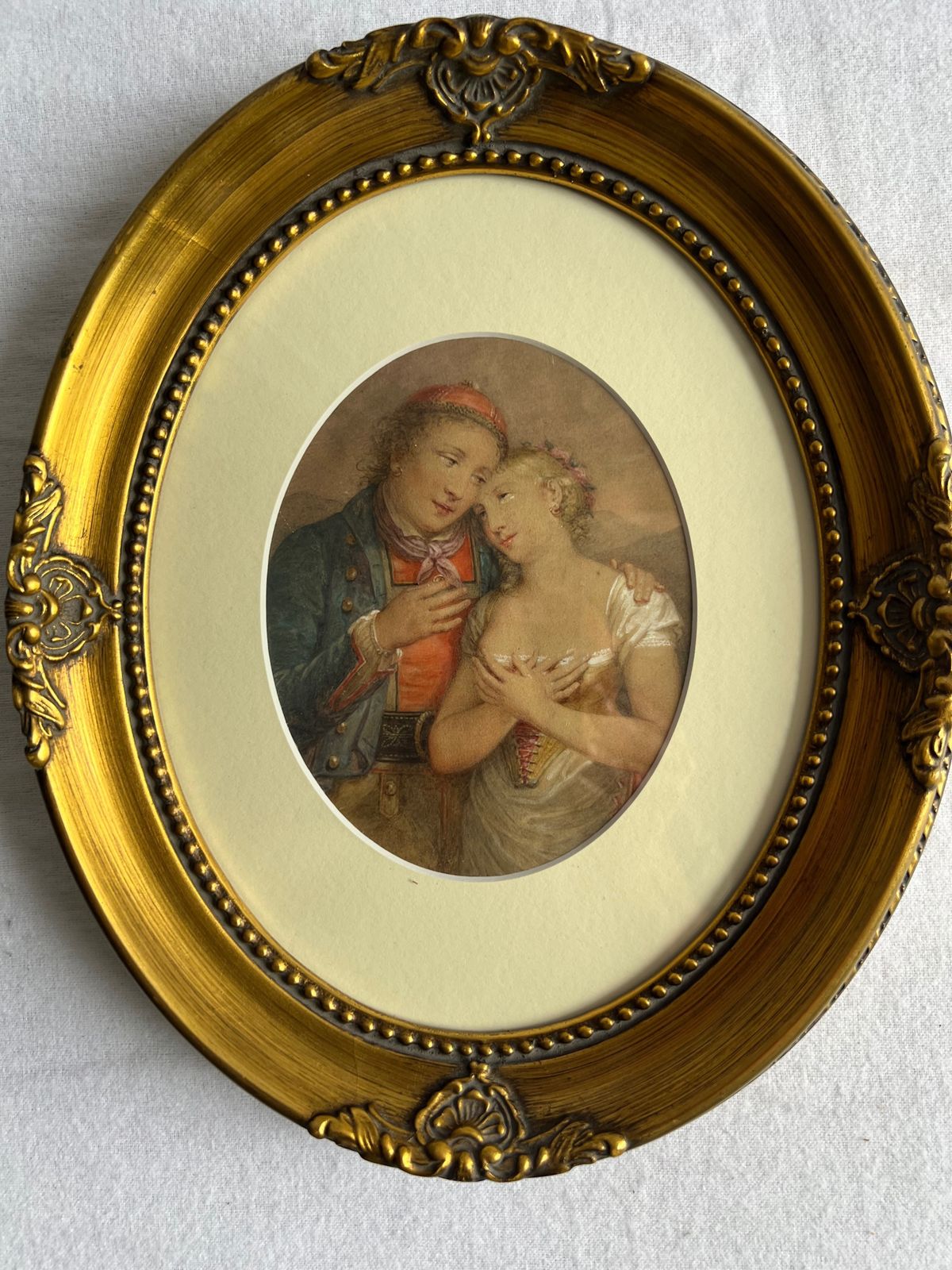 Small Oval Watercolour Of An Amorous Couple