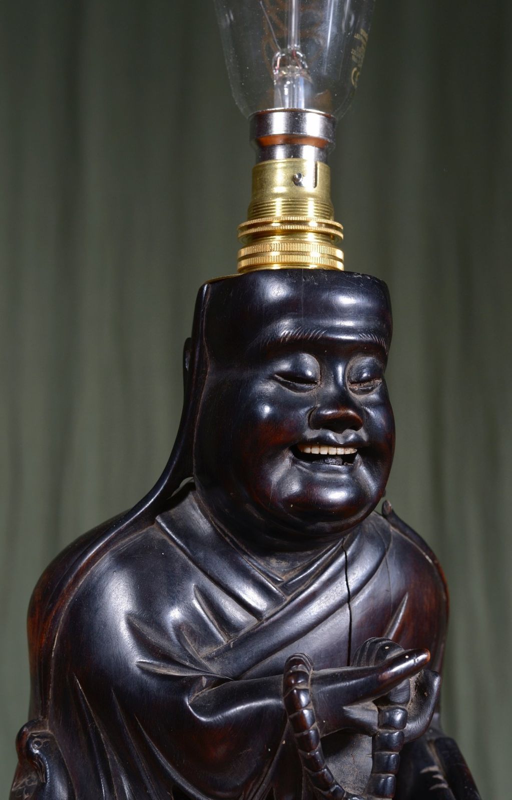 A Chinese Carved Wood Laughing Buddha Lamp   C.1920 photo vinterior