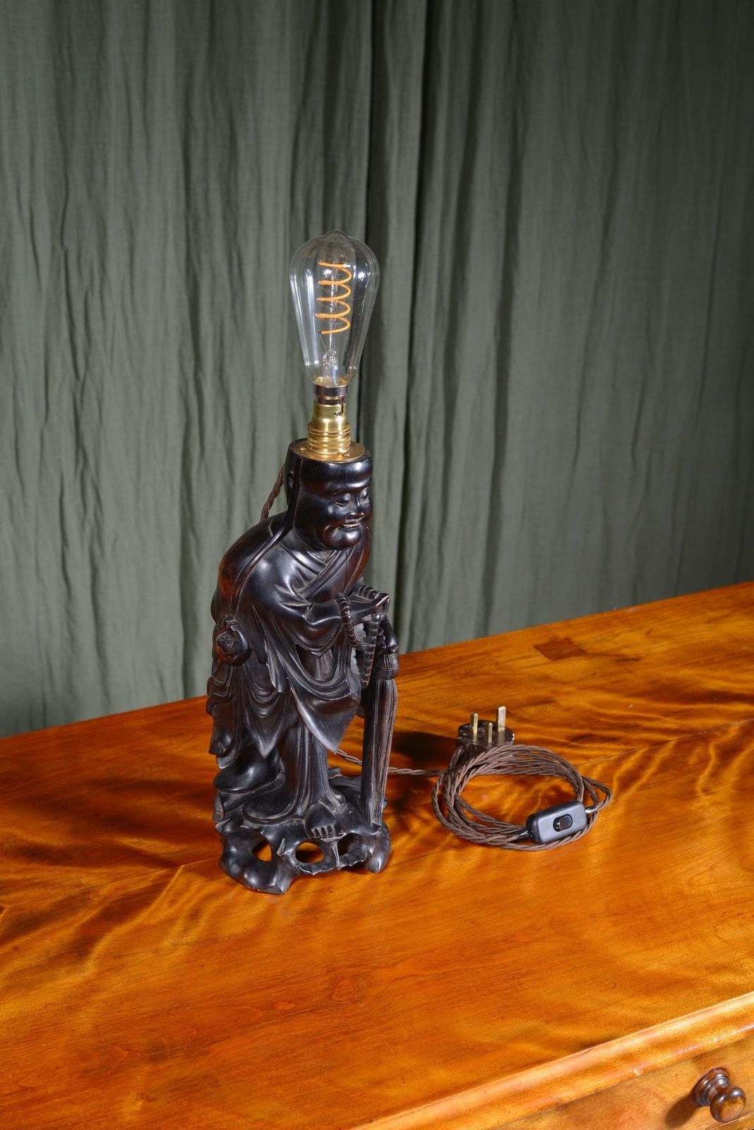 A Chinese Carved Wood Laughing Buddha Lamp   C.1920 photo buy