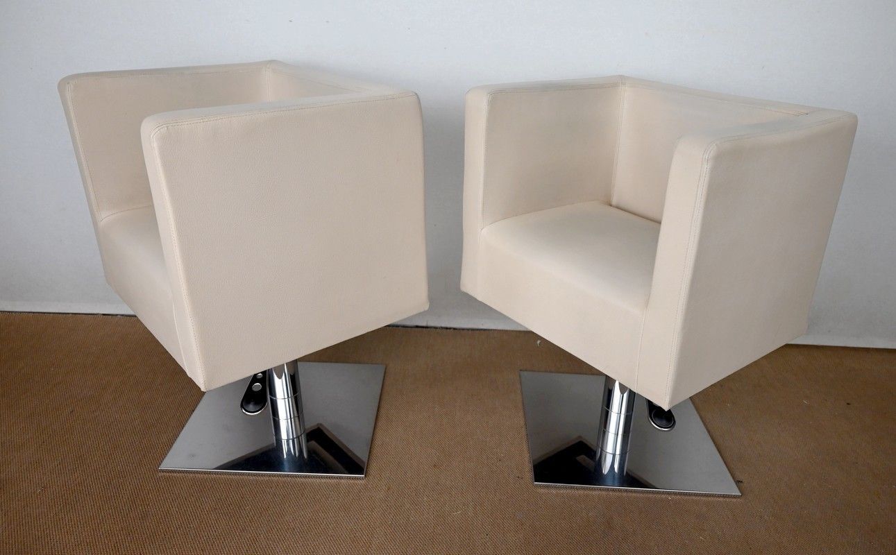 Pair Of "Palladium" Swivel Armchairs In Faux Leather   Xxth photo for sale