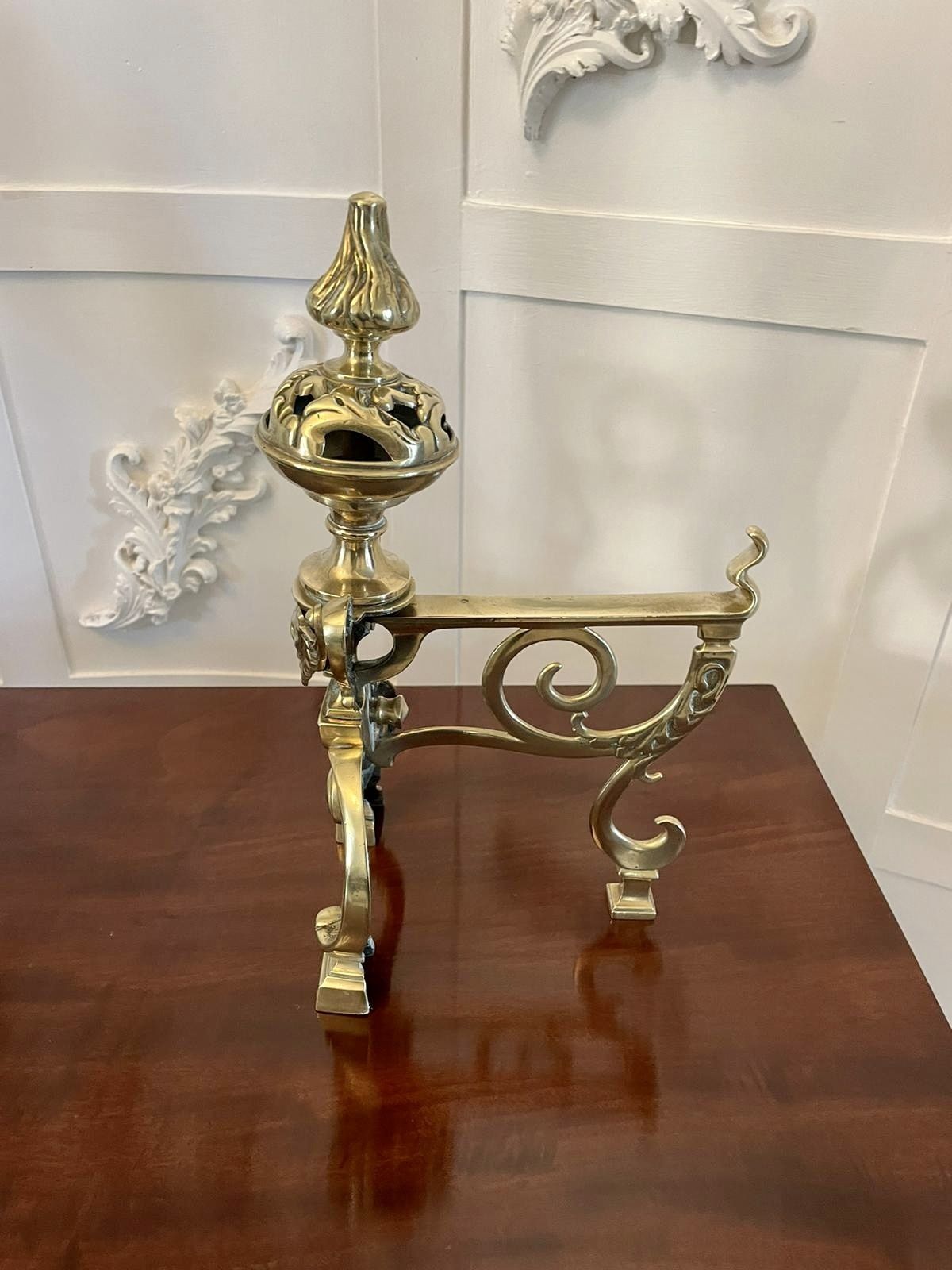 Fine Quality Pair Of Antique 19th Century Ornate Brass Fire Dogs photo buy