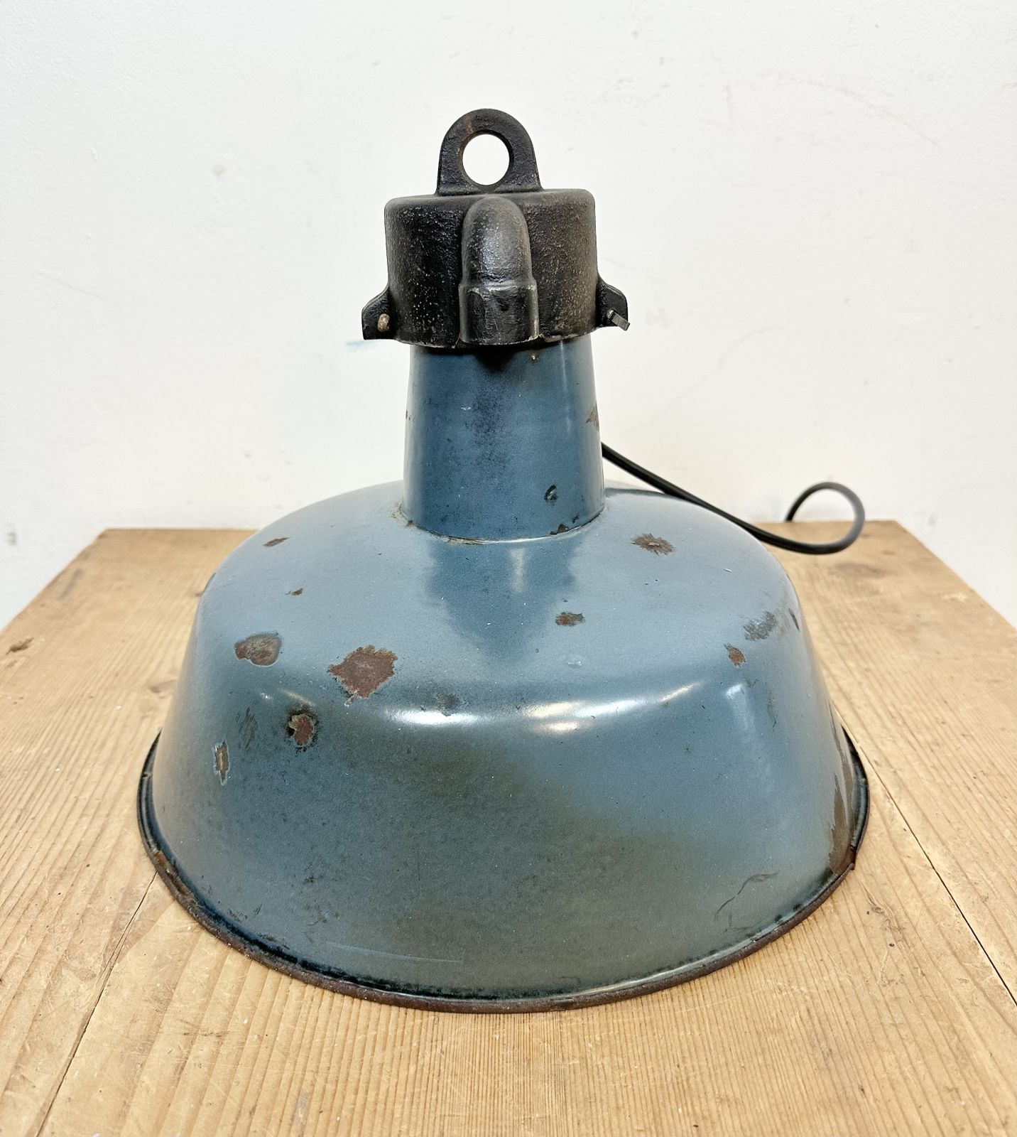 Industrial Blue Enamel Factory Lamp With Cast Iron Top, 1960s photo Lighting