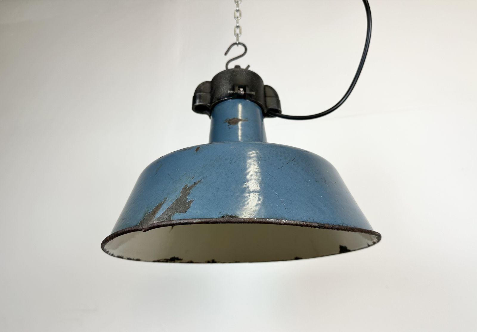 Industrial Blue Enamel Factory Lamp With Cast Iron Top, 1960s photo vintage