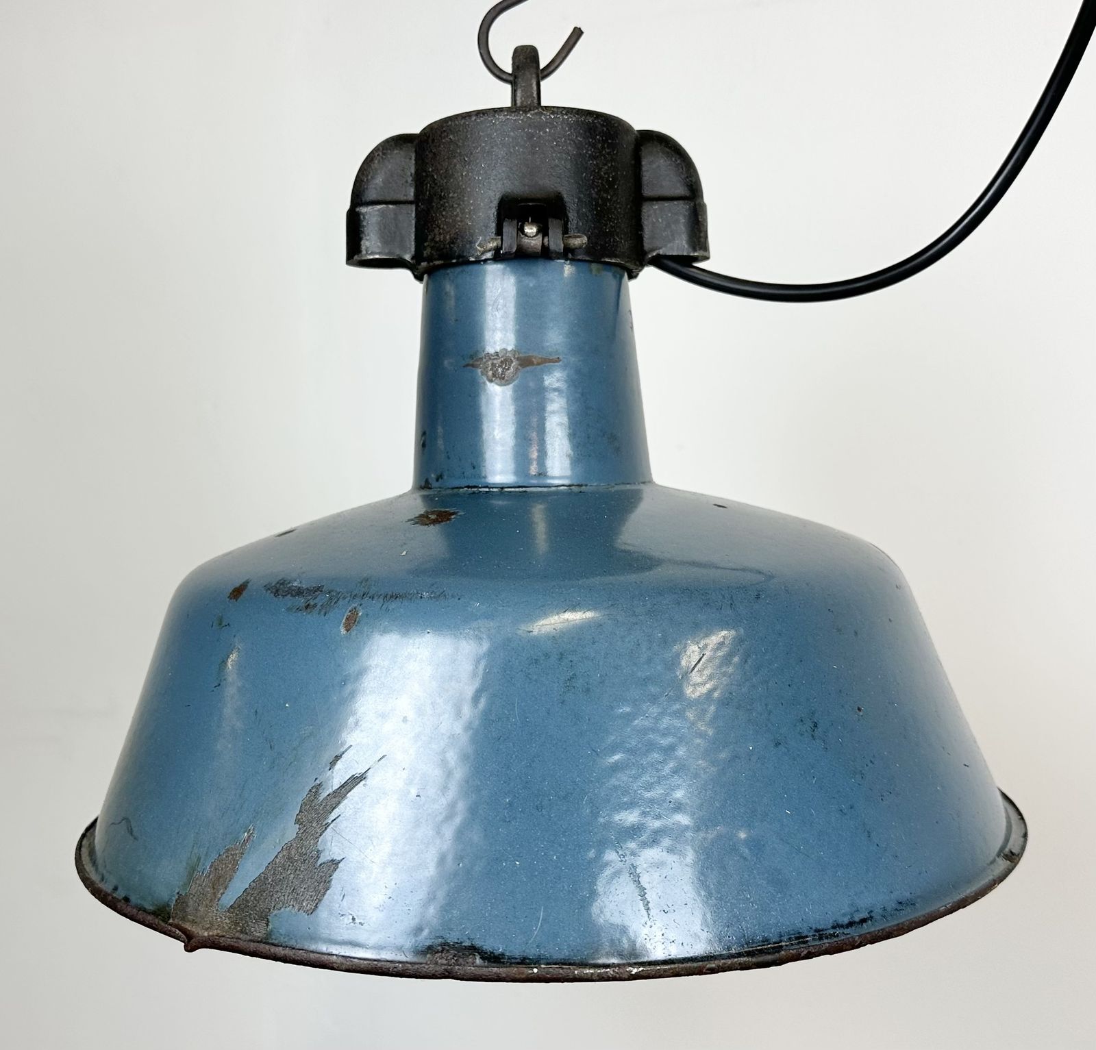 photo for sale Industrial Blue Enamel Factory Lamp With Cast Iron Top, 1960s