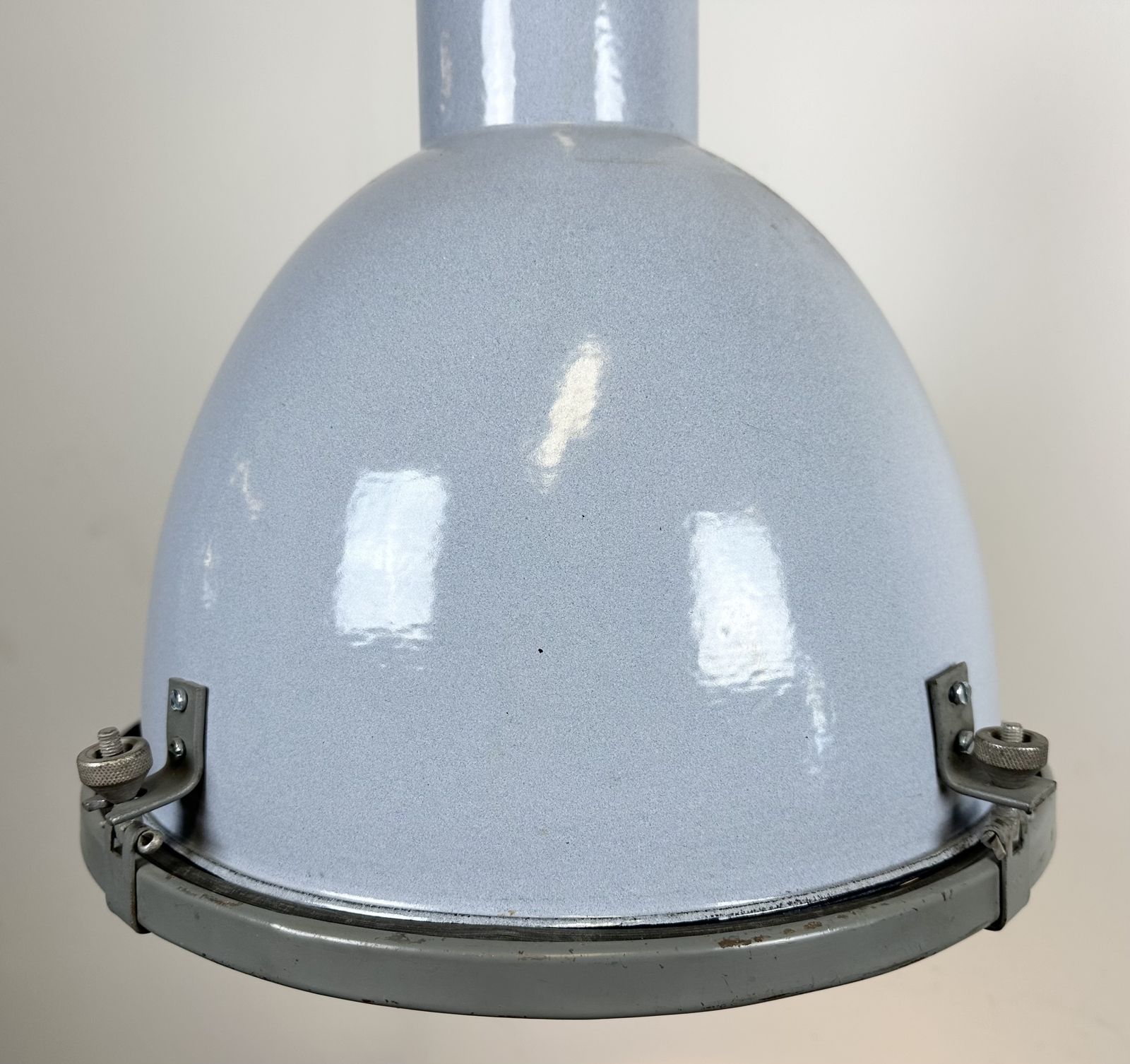 Bauhaus Grey Enamel Factory Pendant Lamp With Glass Cover, 1950s, 18x photo vintage