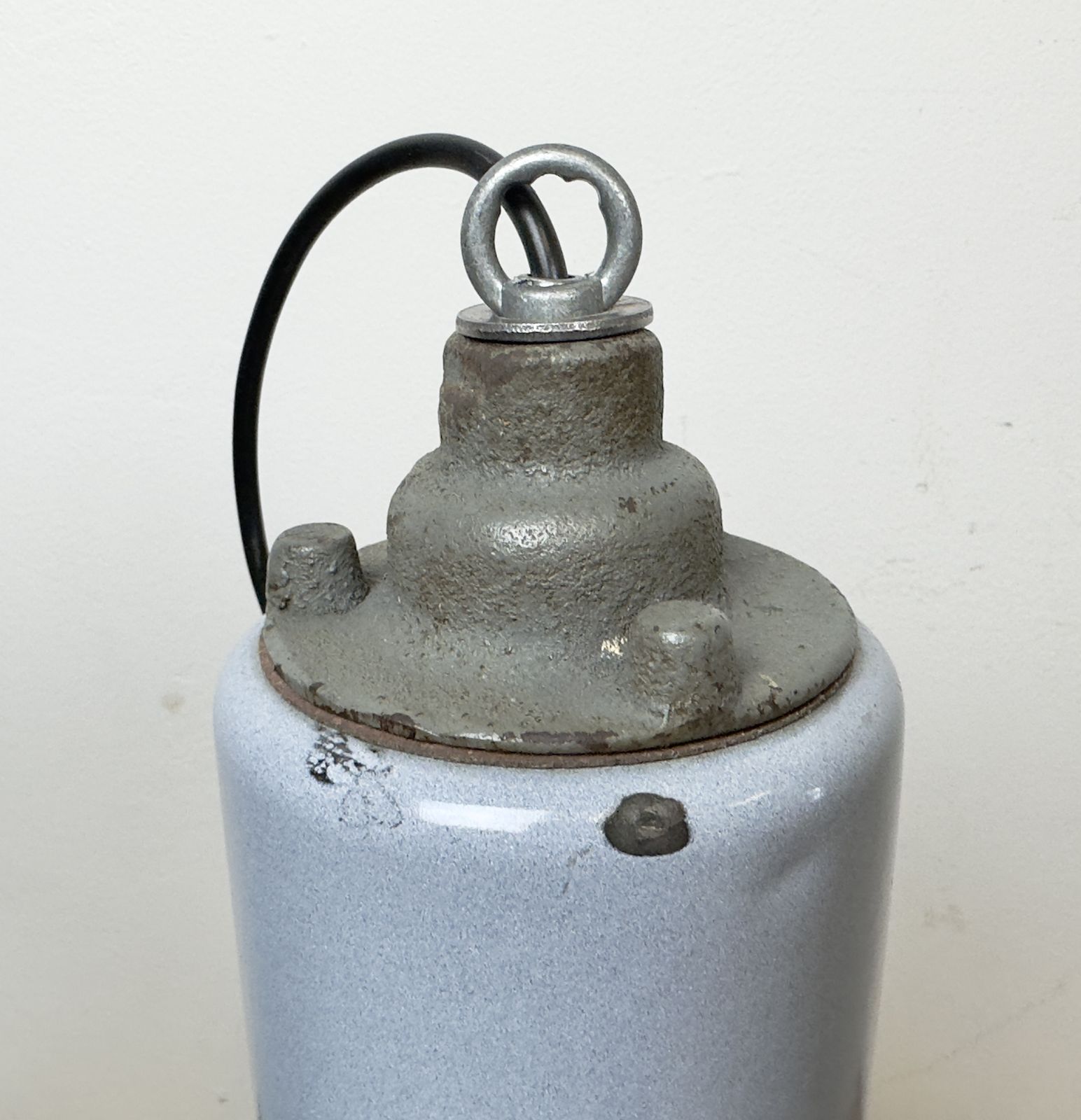 photo for sale Bauhaus Grey Enamel Factory Pendant Lamp With Glass Cover, 1950s, 18x