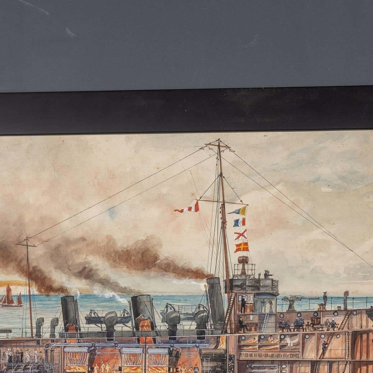 Pair Of Warship Paintings By Charles De Lacy, British 1856 1929 photo vinterior