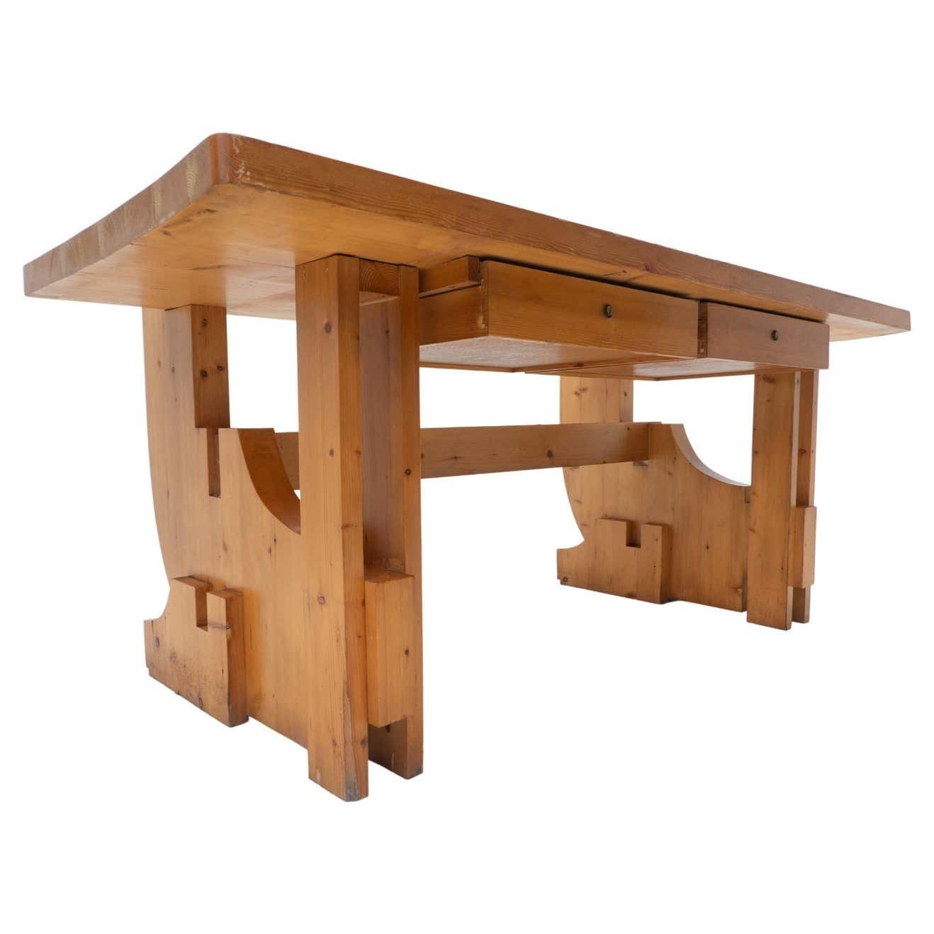 Mid Century Modern Desk With Drawers, Pine Wood, Italy, 1960s