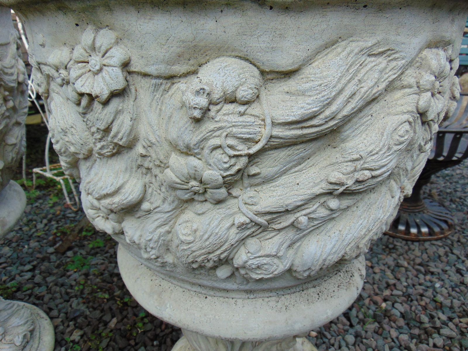 Pair Large Weathered Reconstituted Stone Urns Decorated With Flowers