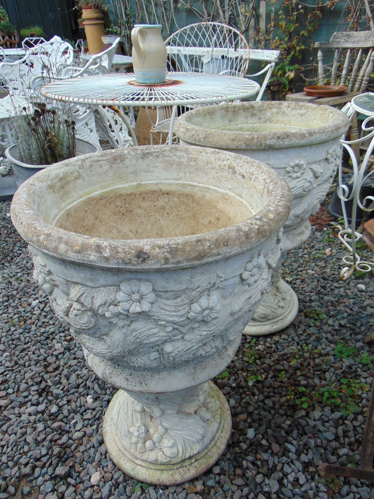 Pair Large Weathered Reconstituted Stone Urns Decorated With Flowers photo buy