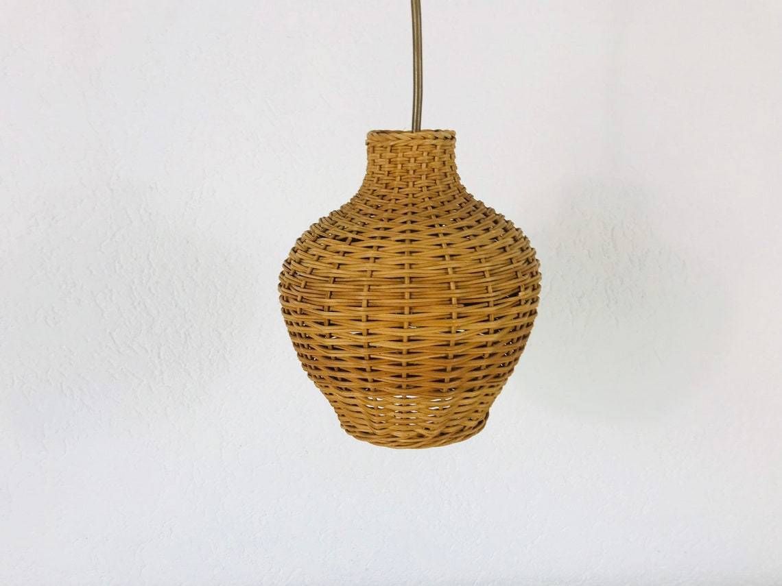 Mid Century Modern Rare Pendant Light   Rattan Shade   Teak Hanging Lamp   Cone Shape   1960s photo for sale
