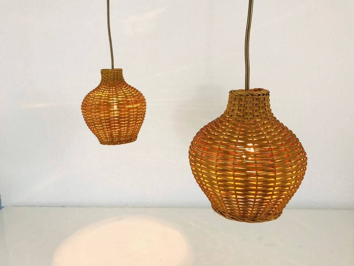 Mid Century Modern Rare Pendant Light   Rattan Shade   Teak Hanging Lamp   Cone Shape   1960s photo 499.0