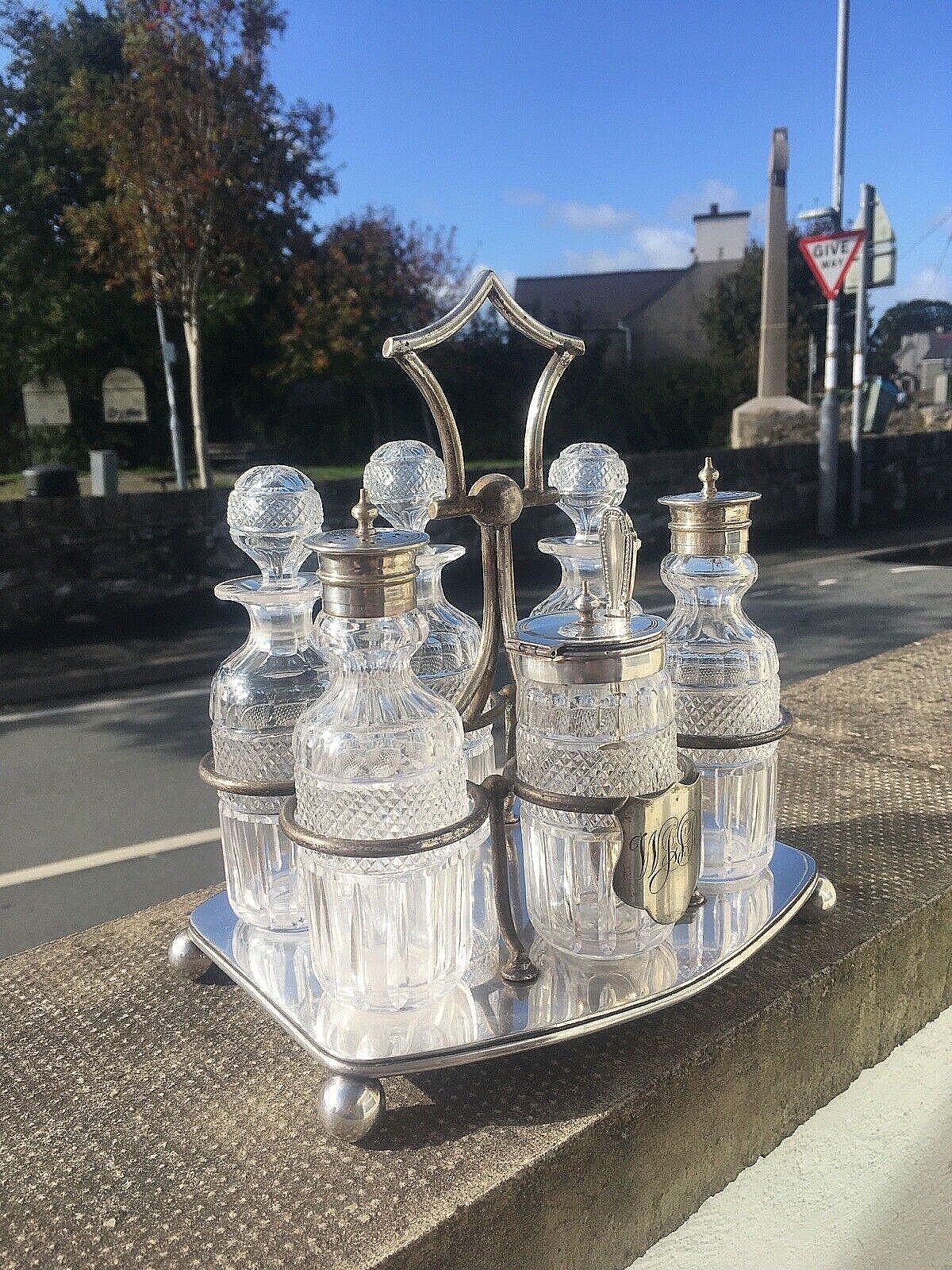 Home Decor Exceptional Antique Richard Richardson 6 Bottle Cut Glass Cruet Set & Epns Stand photo